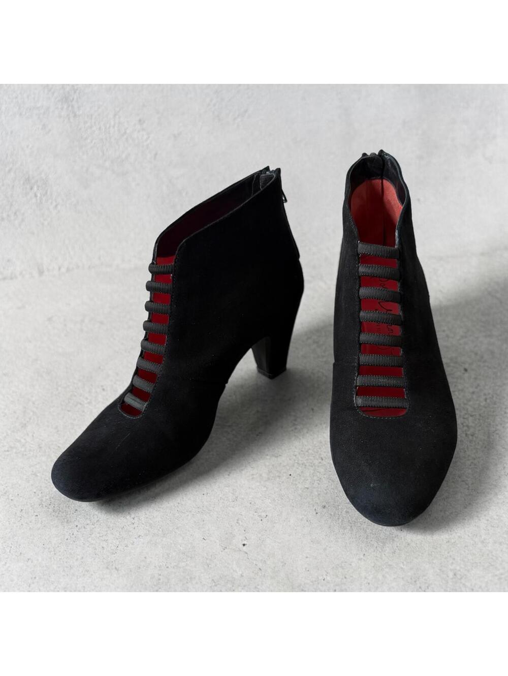Pas de Rouge Black Suede Ankle Boots | Strappy Cutout Details Size 39